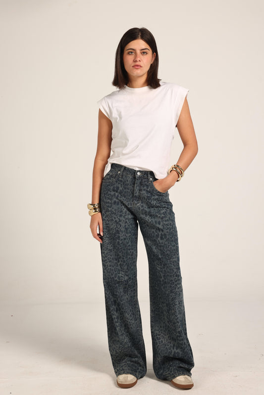 High-Waist Cheetah Print Jeans Pants "Blue x Grey"