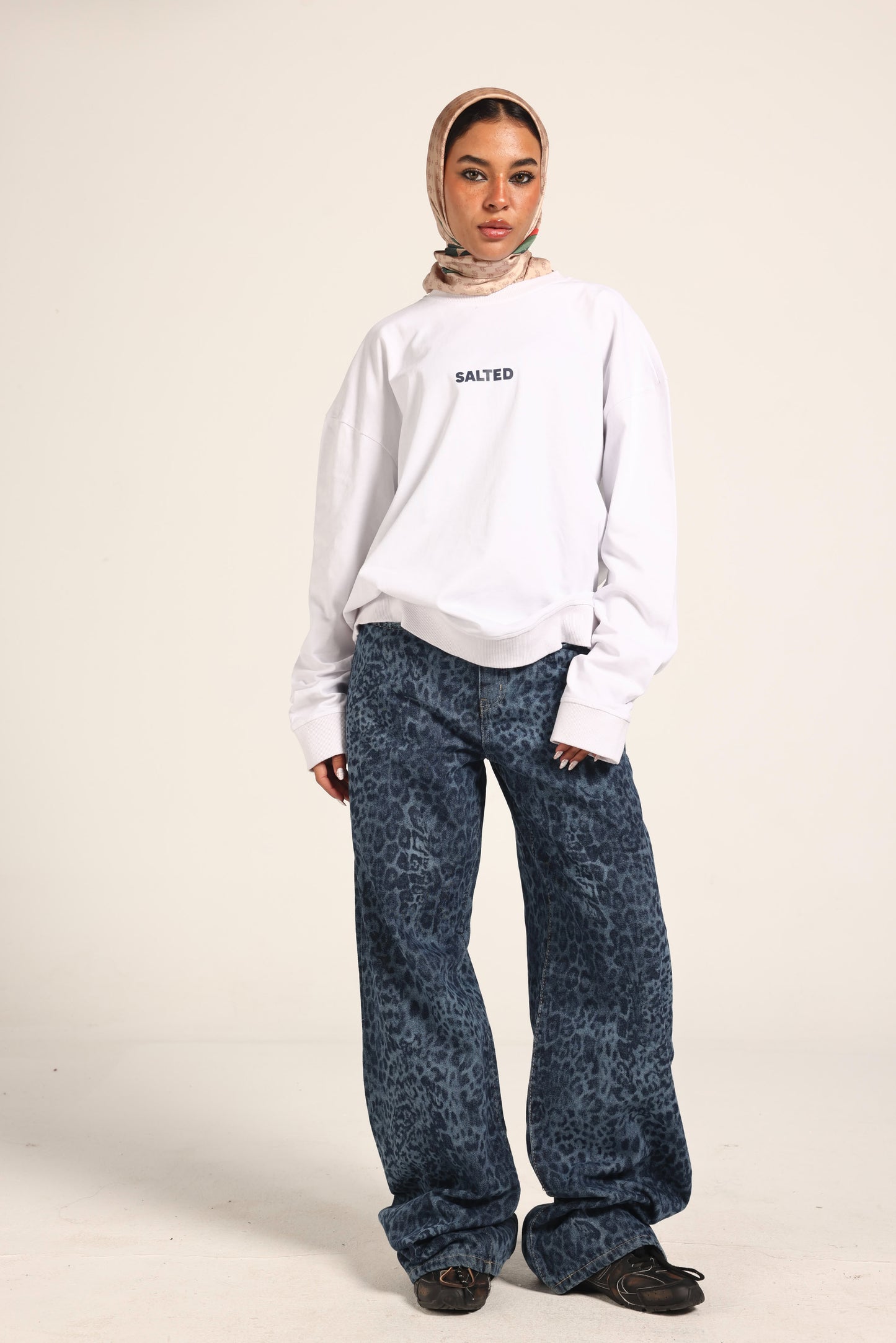 High-Waist Cheetah Print Jeans Pants "Dark Blue"