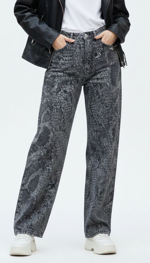 High-Waist Snake Print Jeans Pants "Grey"