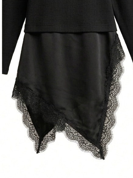 Asymmetric Lace-Trim Ribbed Top - Black