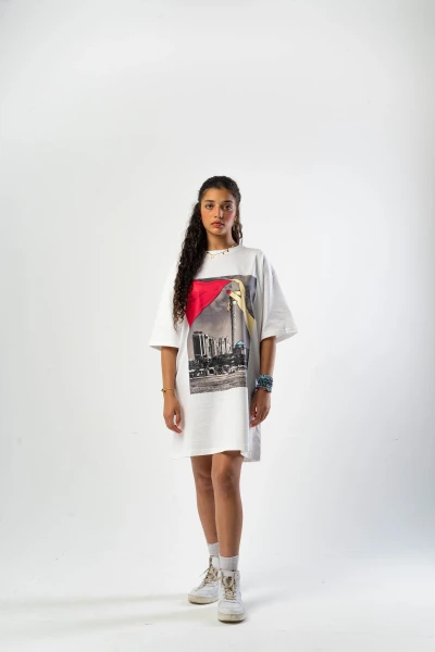 Oversized Printed Long T-shirt Borg el Khahira White White