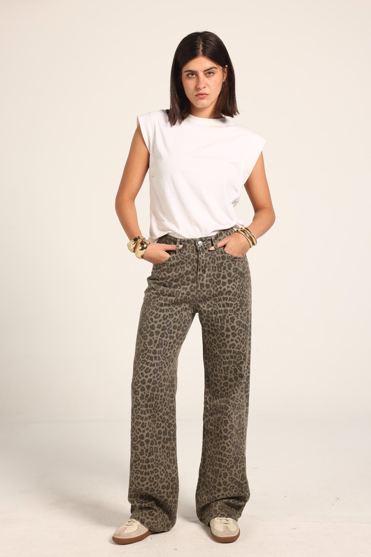 High-Waist Cheetah Print Jeans Pants "Brown"