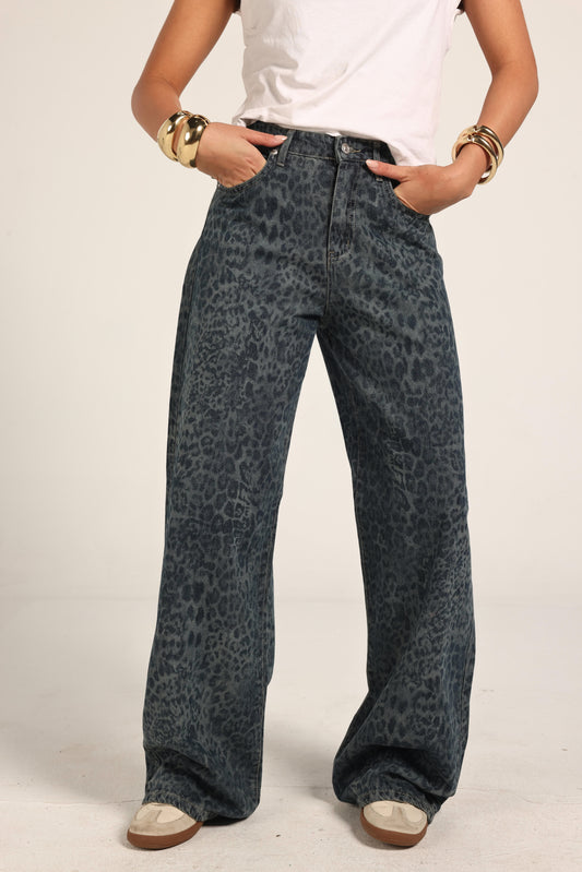 High-Waist Cheetah Print Jeans Pants "Blue x Grey"