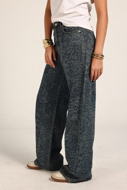 High-Waist Cheetah Print Jeans Pants "Blue x Grey"