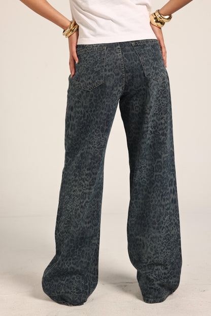 High-Waist Cheetah Print Jeans Pants "Blue"