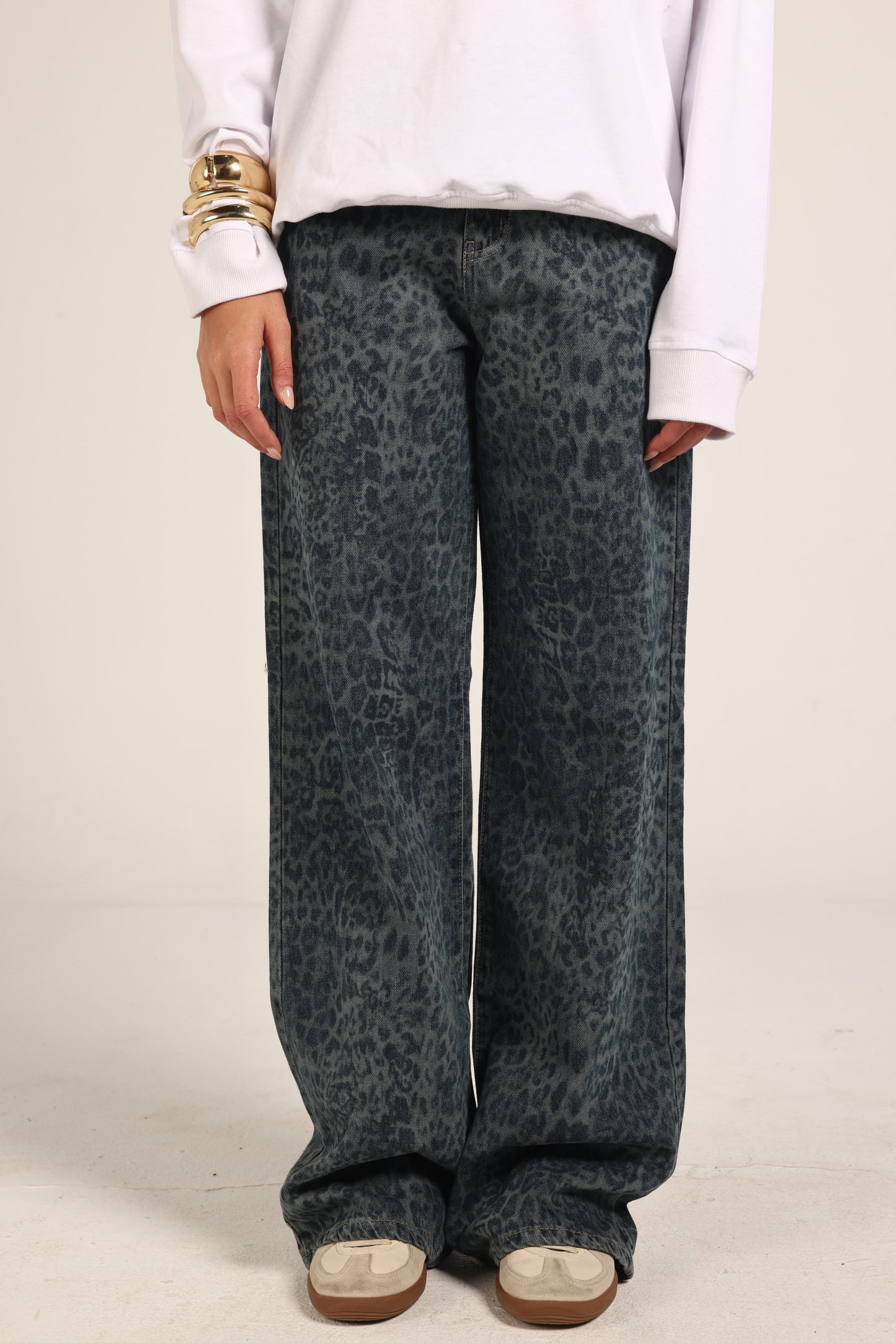 High-Waist Cheetah Print Jeans Pants "Blue"