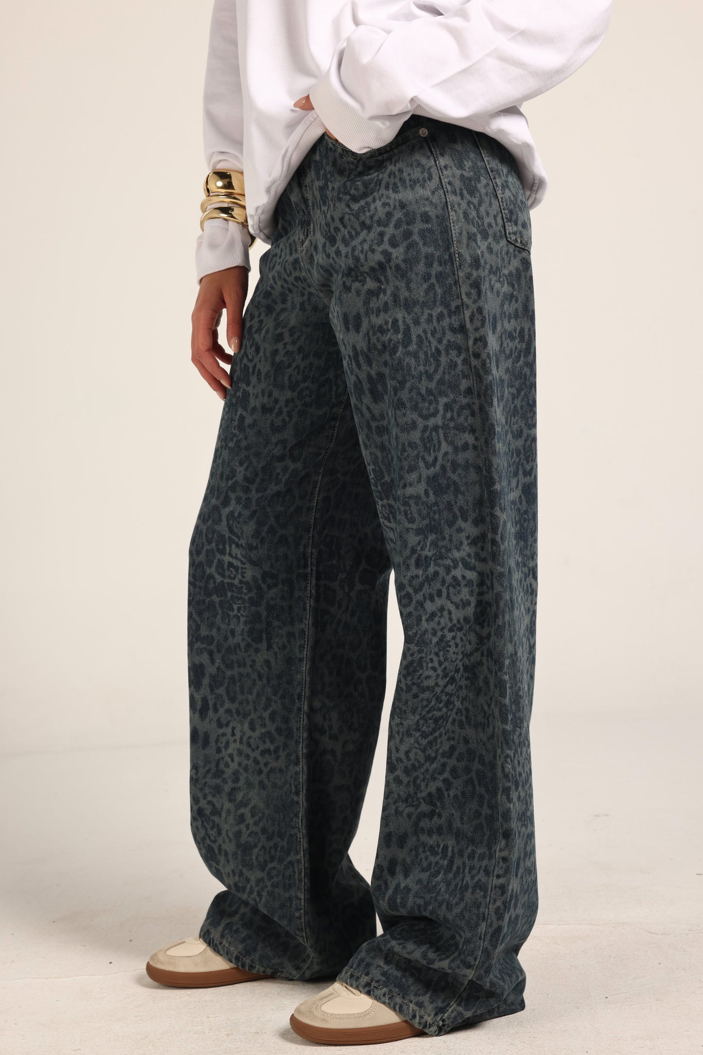 High-Waist Cheetah Print Jeans Pants "Blue"