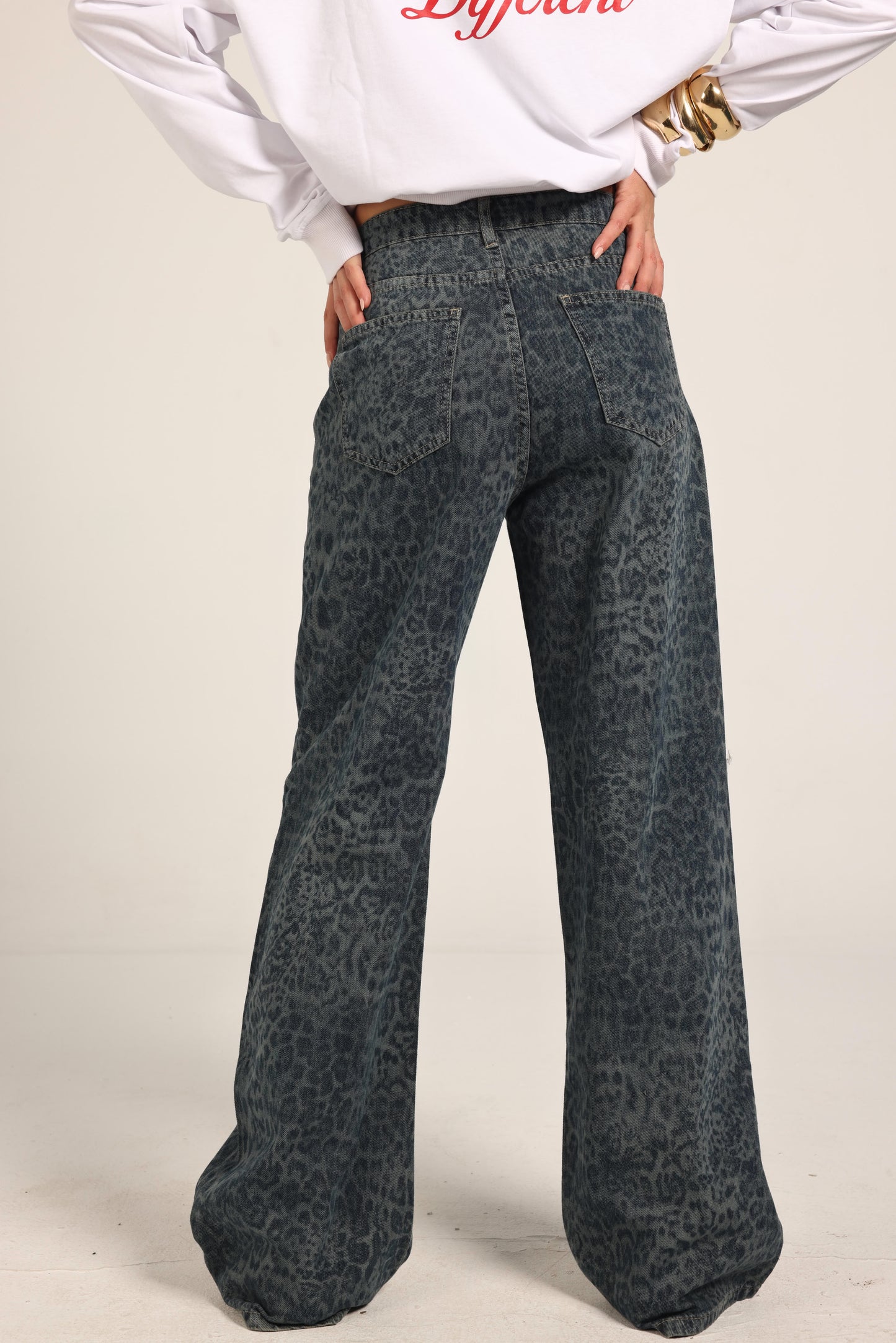High-Waist Cheetah Print Jeans Pants "Blue"