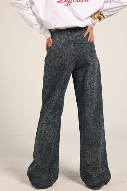 High-Waist Cheetah Print Jeans Pants "Blue"