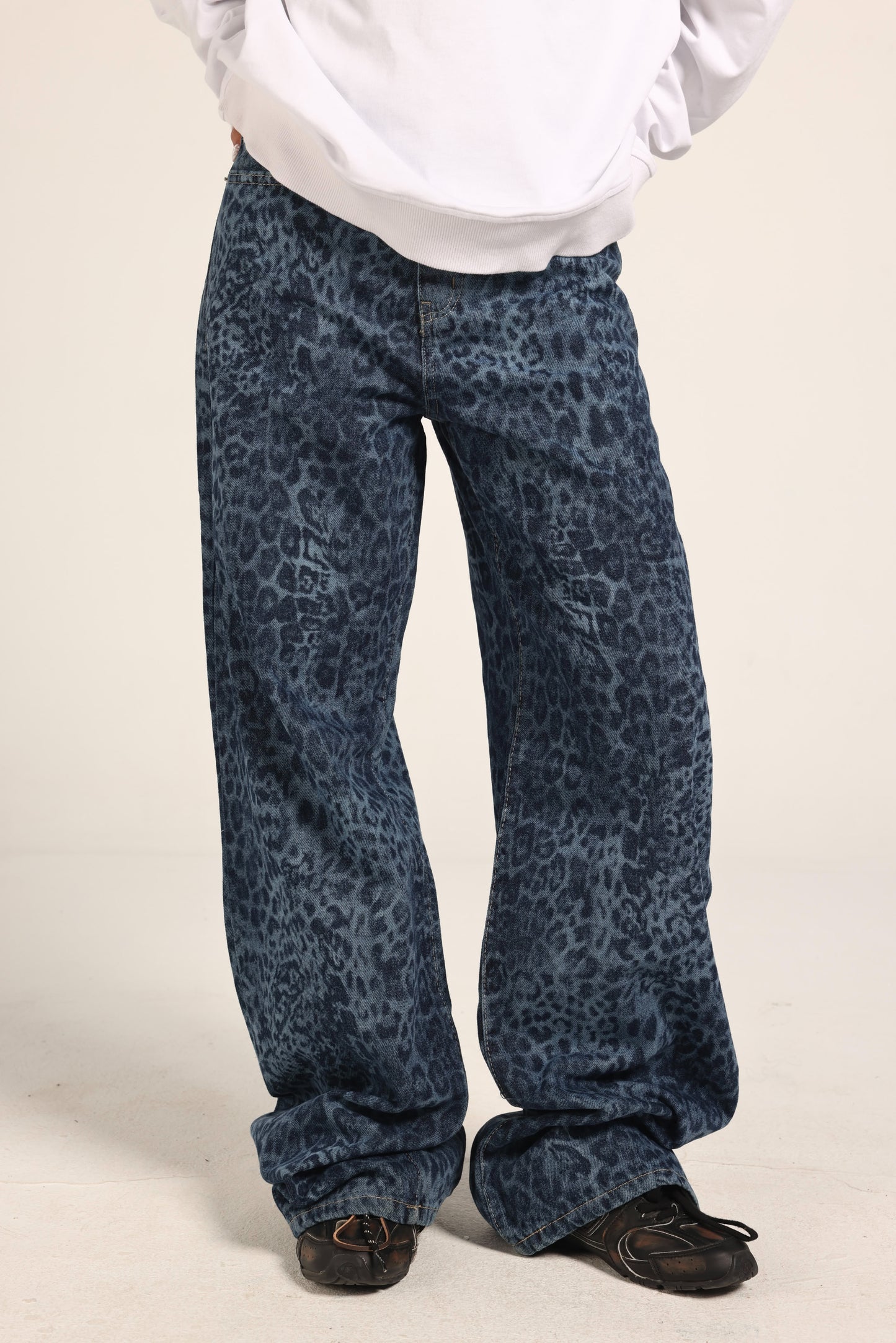 High-Waist Cheetah Print Jeans Pants "Dark Blue"