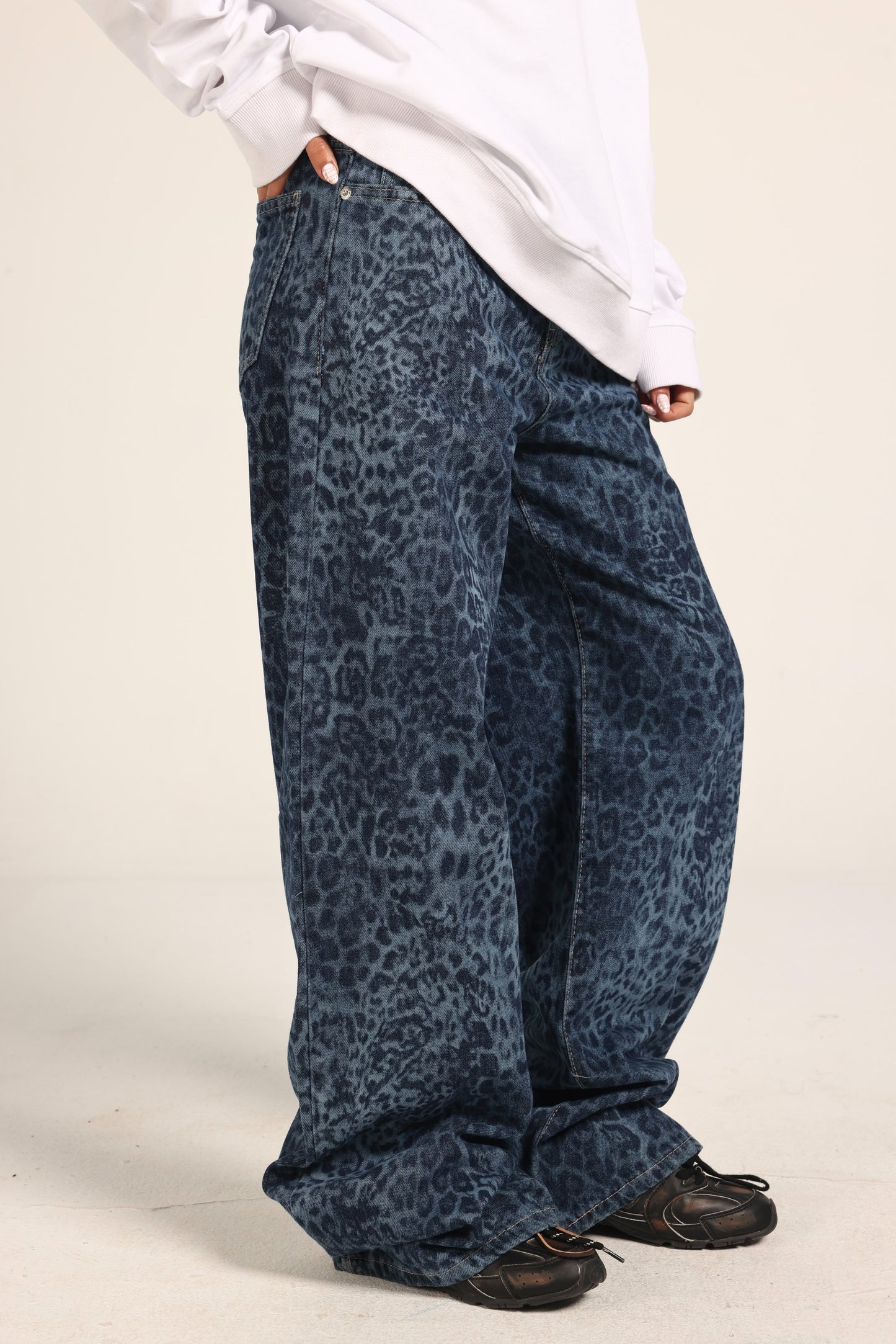 High-Waist Cheetah Print Jeans Pants "Dark Blue"