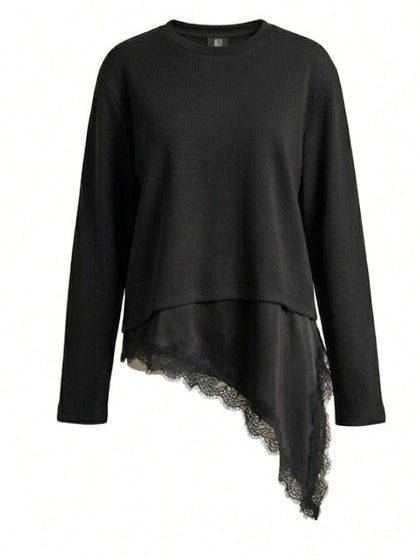 Asymmetric Lace-Trim Ribbed Top - Black