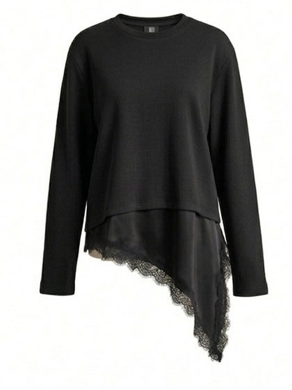 Asymmetric Lace-Trim Ribbed Top - Black