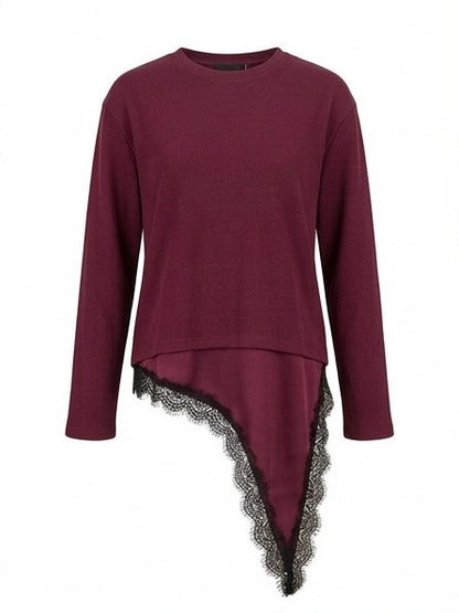 Asymmetric Lace-Trim Ribbed Top - Burgundy