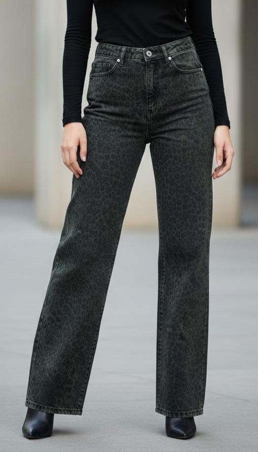 High-Waist Cheetah Print Jeans Pants "Olive"