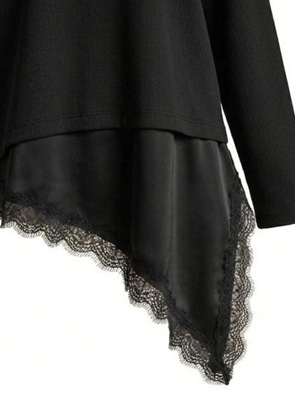 Asymmetric Lace-Trim Ribbed Top - Black