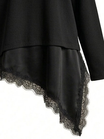 Asymmetric Lace-Trim Ribbed Top - Black
