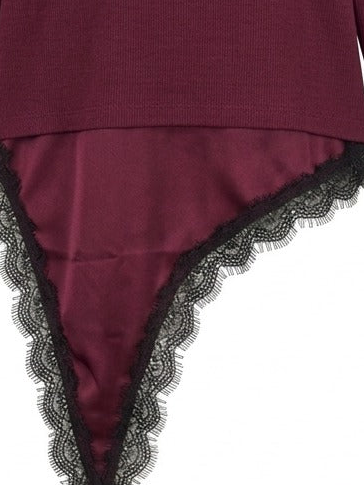 Asymmetric Lace-Trim Ribbed Top - Burgundy