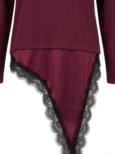 Asymmetric Lace-Trim Ribbed Top - Burgundy