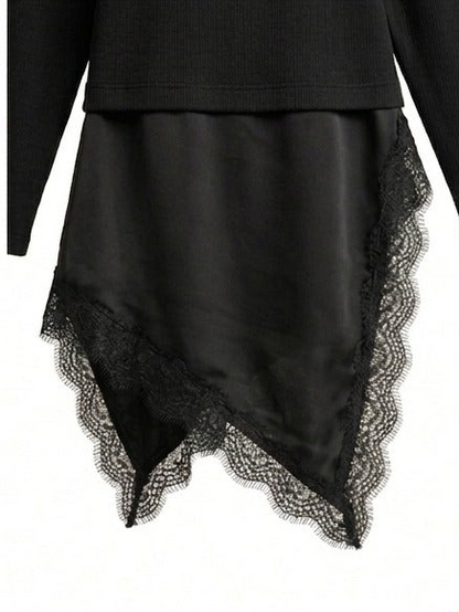 Asymmetric Lace-Trim Ribbed Top - Black