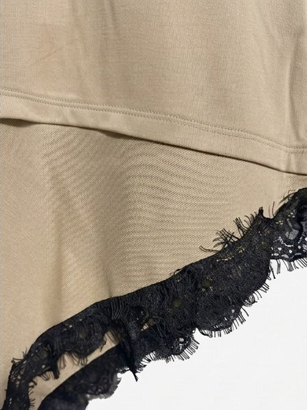 Asymmetric Lace-Trim Ribbed Top - beige