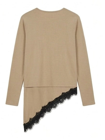 Asymmetric Lace-Trim Ribbed Top - beige