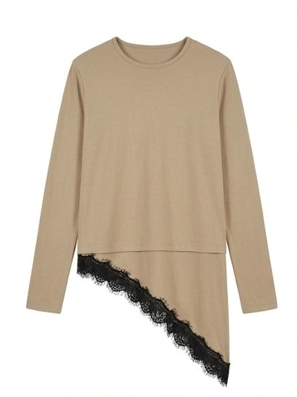 Asymmetric Lace-Trim Ribbed Top - beige